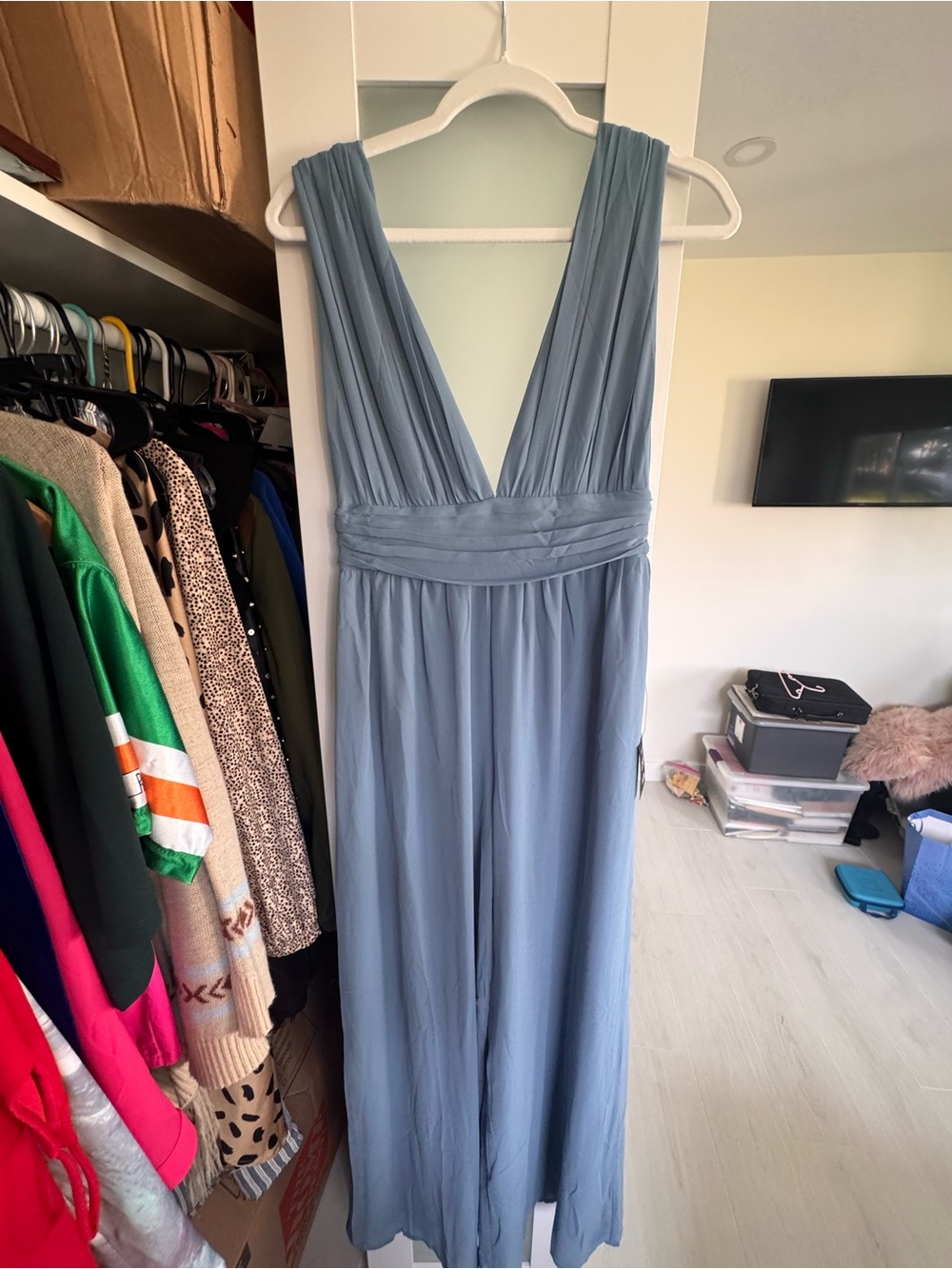 Lulu's Dusty Blue Deep V-Neck Jumpsuit